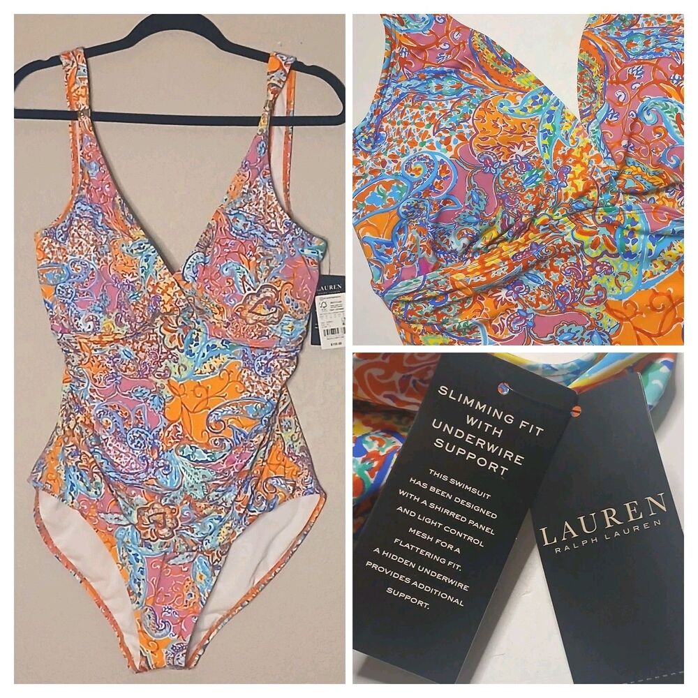 Lauren Ralph Lauren Swimsuit Sz 16 One Piece V-neck Multicolor Paisley